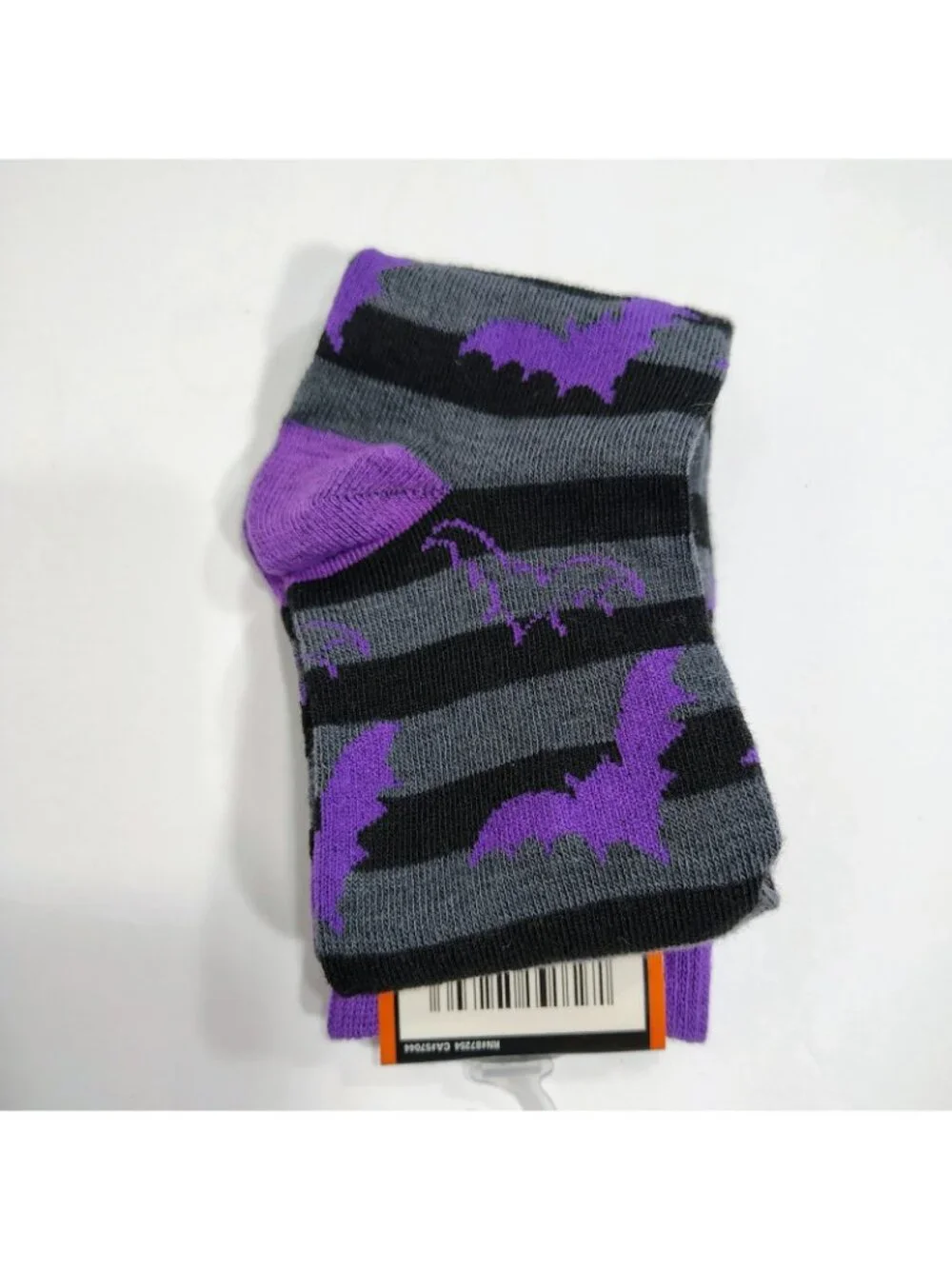 Halloween Crew Socks Womens Size 6-12 Black Purple Grey Striped Bat Pattern